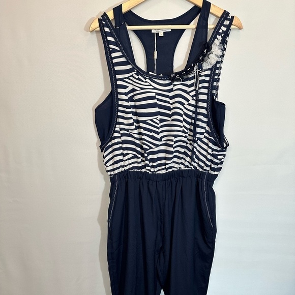 Forla Paris Womens Size L Jumpsuit Sleeveless Striped Pockets Lightweight Boho - Picture 3 of 16